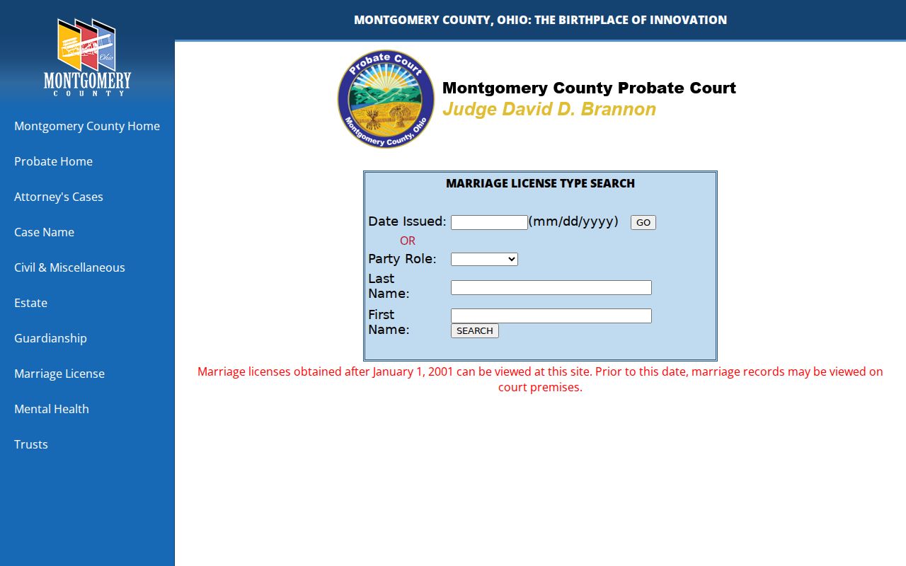 Miami Township previous residents Montgomery County Probate marriage index search
