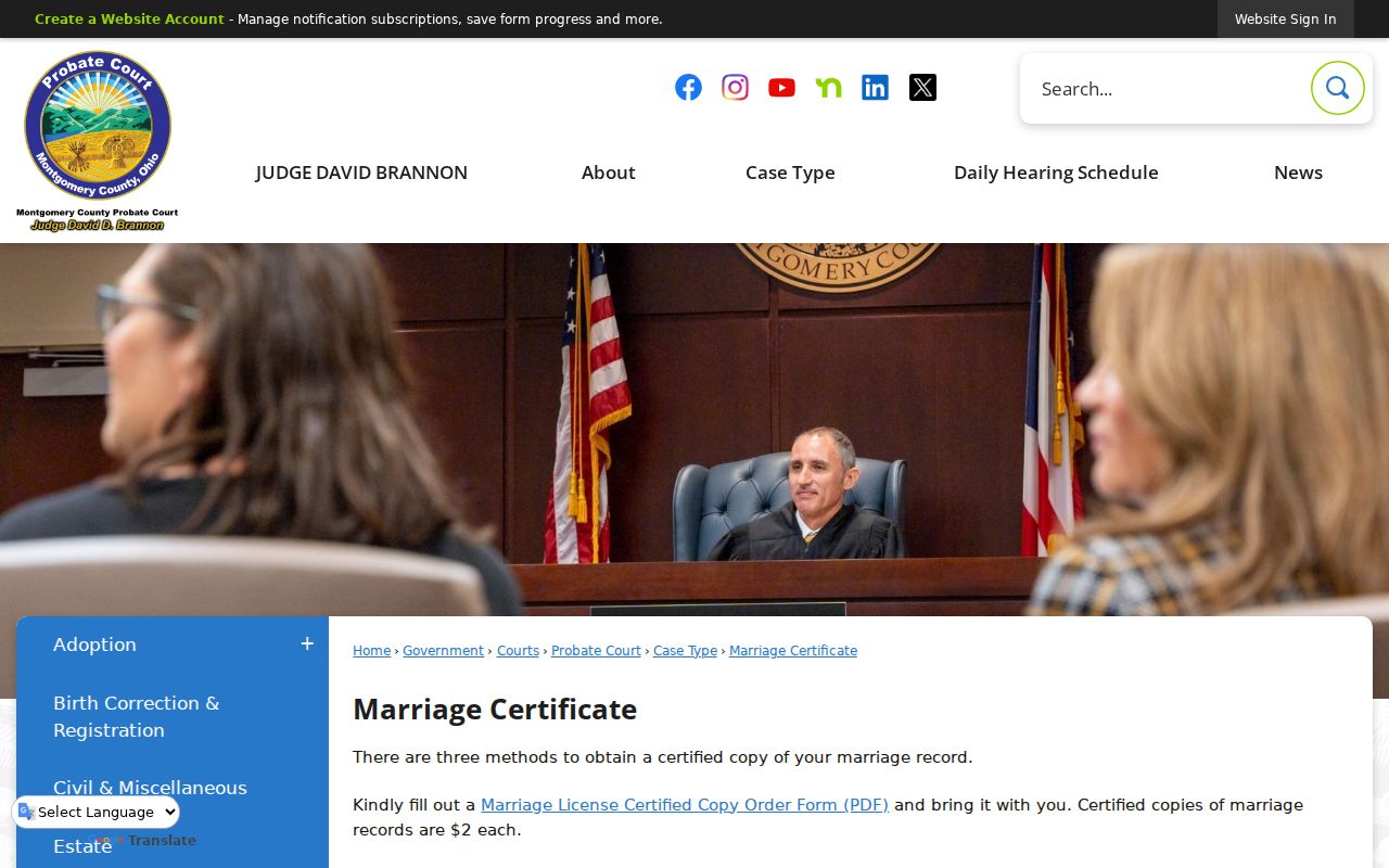 Miami Township previous residents Probate marriage certificate request information