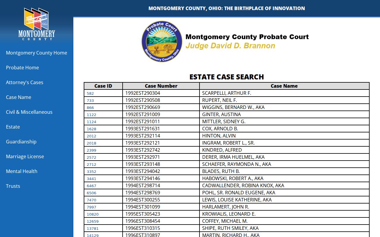 Miami Township resident lookup Montgomery County Probate estate case result