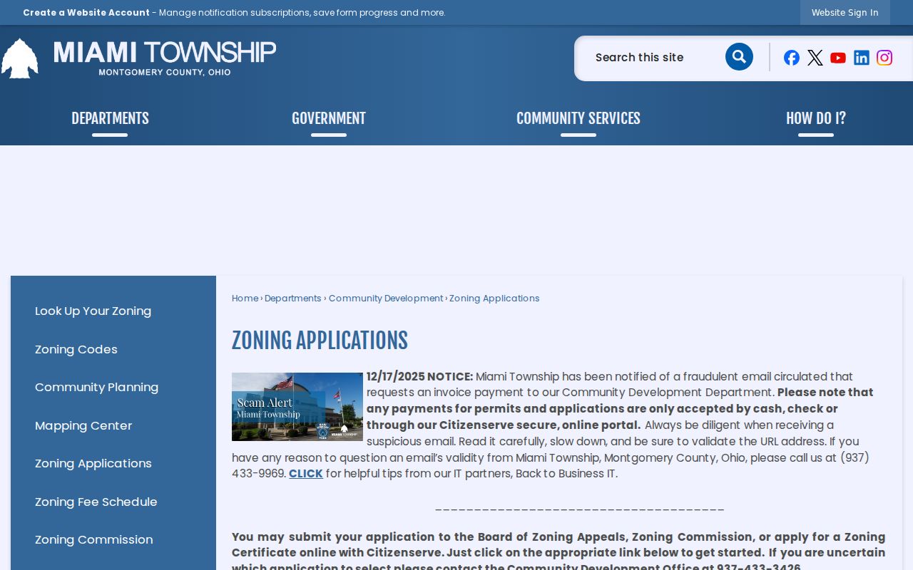 Miami Township street directory zoning applications page for address property records