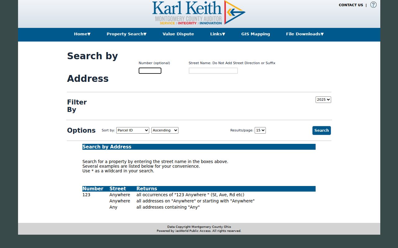 Miami Township street directory Auditor address search with number and street fields